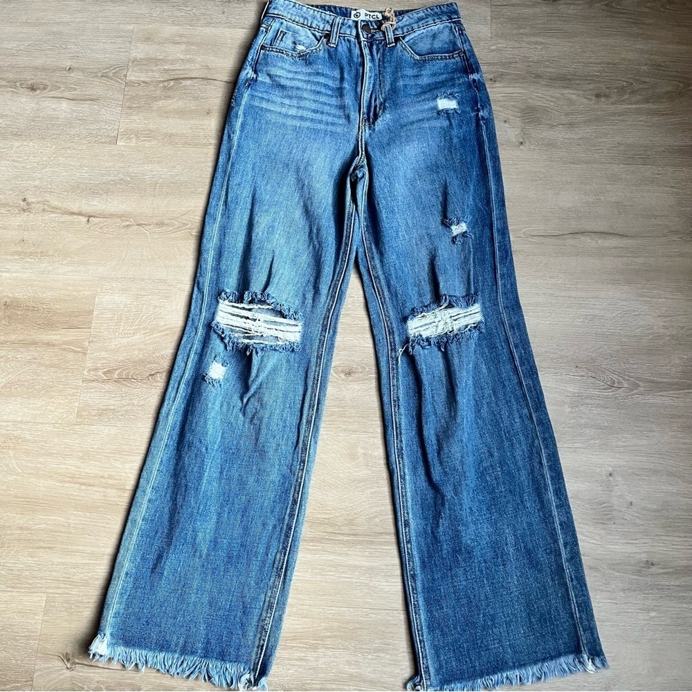 PTCL Wide Leg Jeans Medium Wash Distressed SZ 25